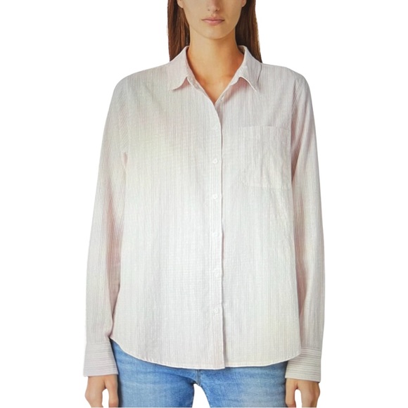 Lucky Brand Gently Used Button Down Boyfriend Dress Shirt Pink & White Size L - Picture 1 of 6